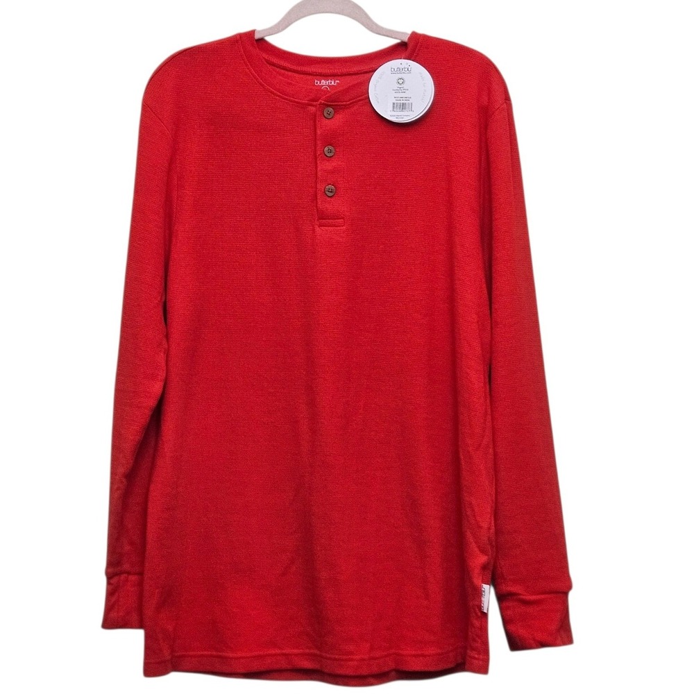 Butterblu Henley Thermal‎ Top Adult Large Red Organic Waffle Knit Long Sleeve